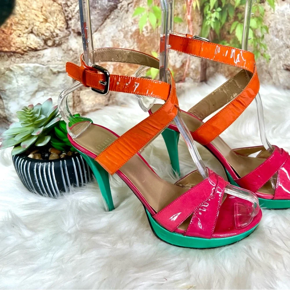 STUART WEITZMAN Patent Leather Multicolor Strappy Platform Sandals, 6.5 - Picture 8 of 15